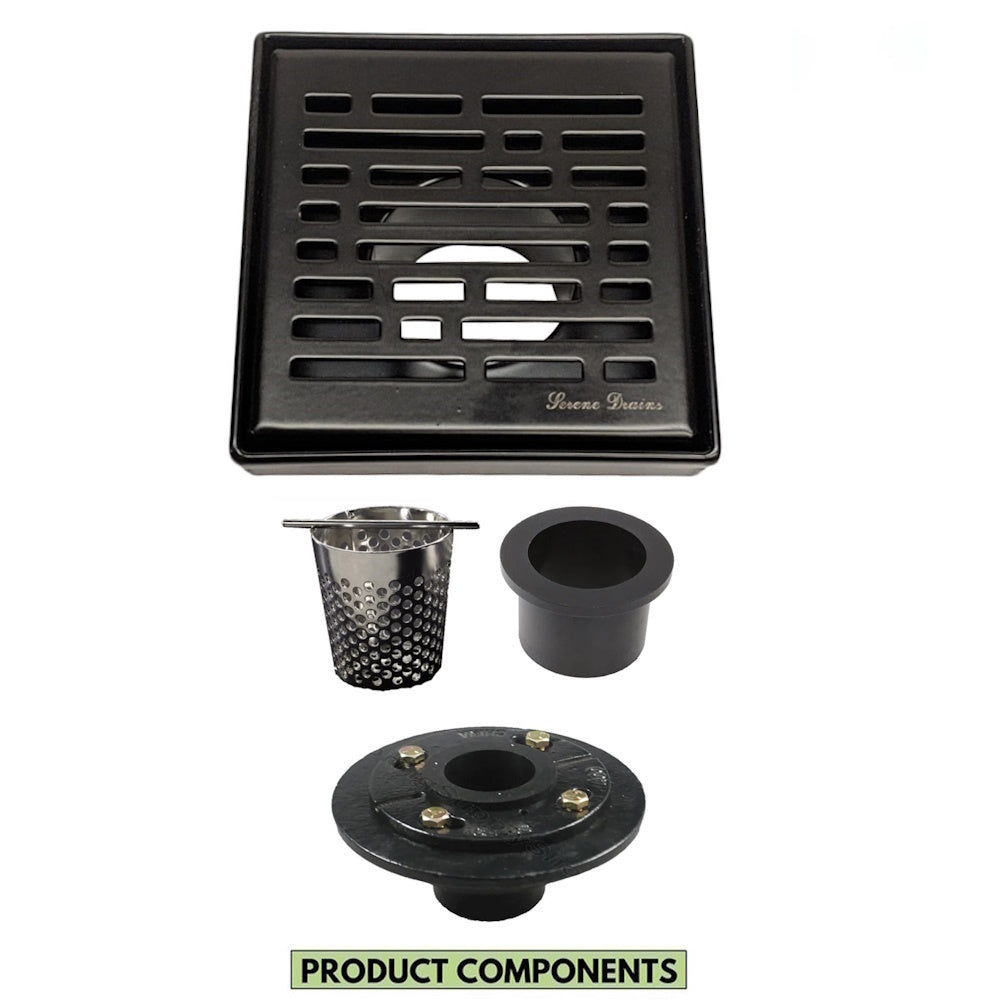 4 Inch Matte Black Square Shower Drain Kit with Hair Trap and Base Flange – Broken Lane Design