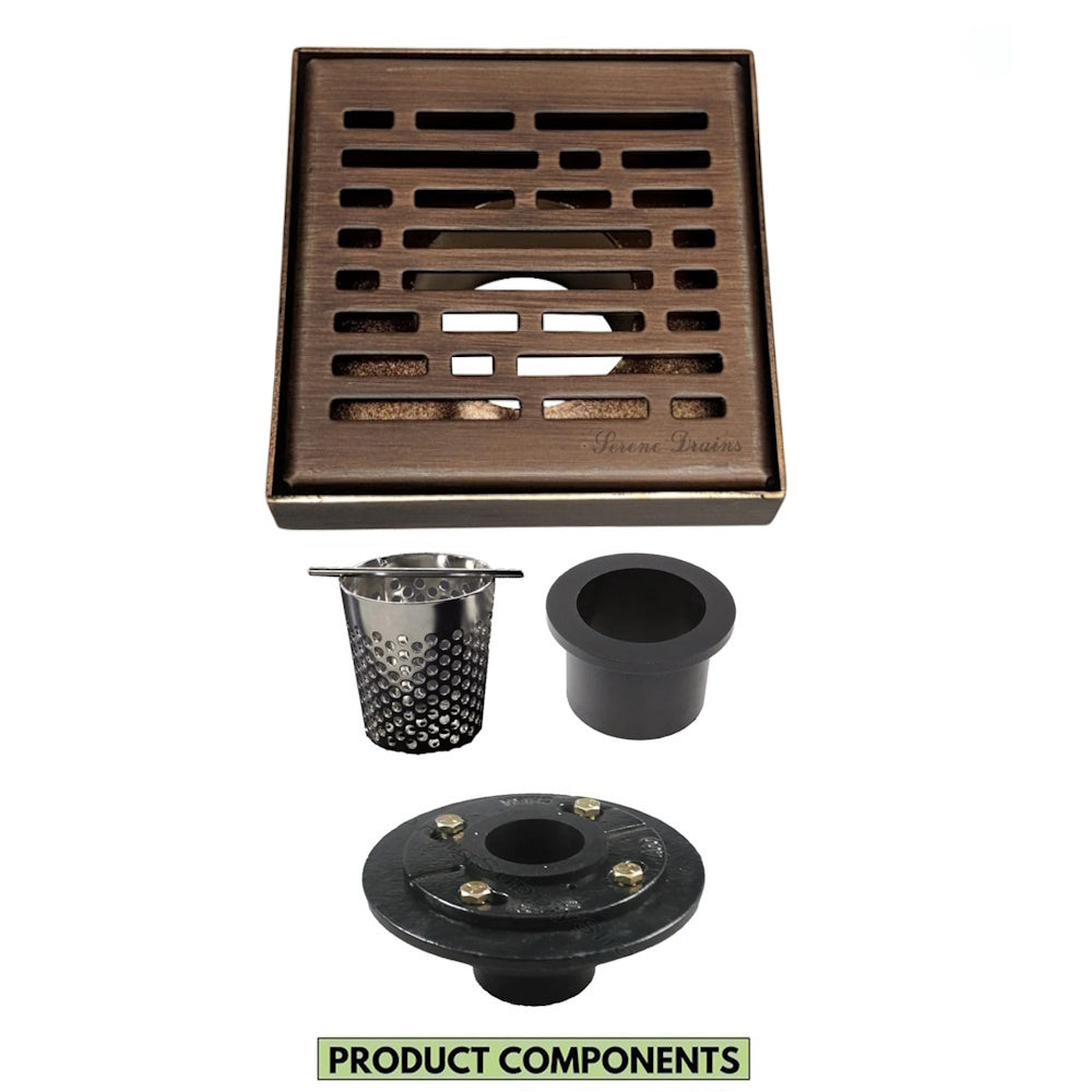 4 Inch Bronze Square Shower Drain Kit with Hair Trap and Base Flange – Broken Lane Design