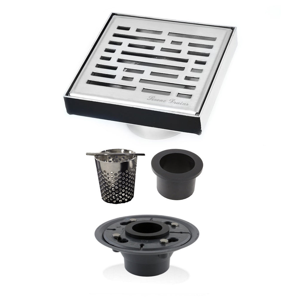4 Inch Brushed Square Shower Drain Kit with Hair Trap and Base Flange – Broken Lane Design