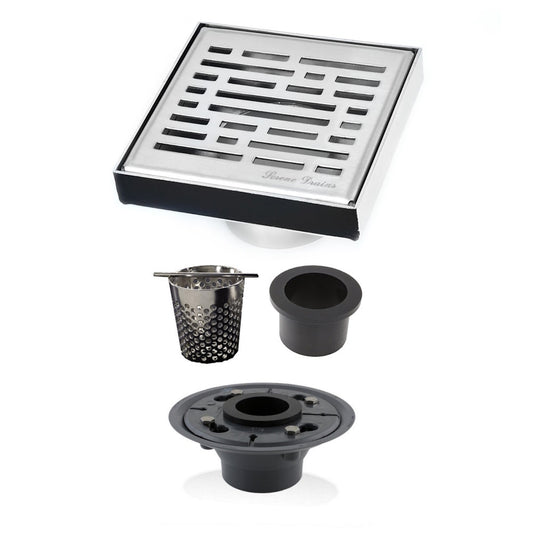 4 Inch Brushed Square Shower Drain Kit with Hair Trap and Base Flange – Broken Lane Design