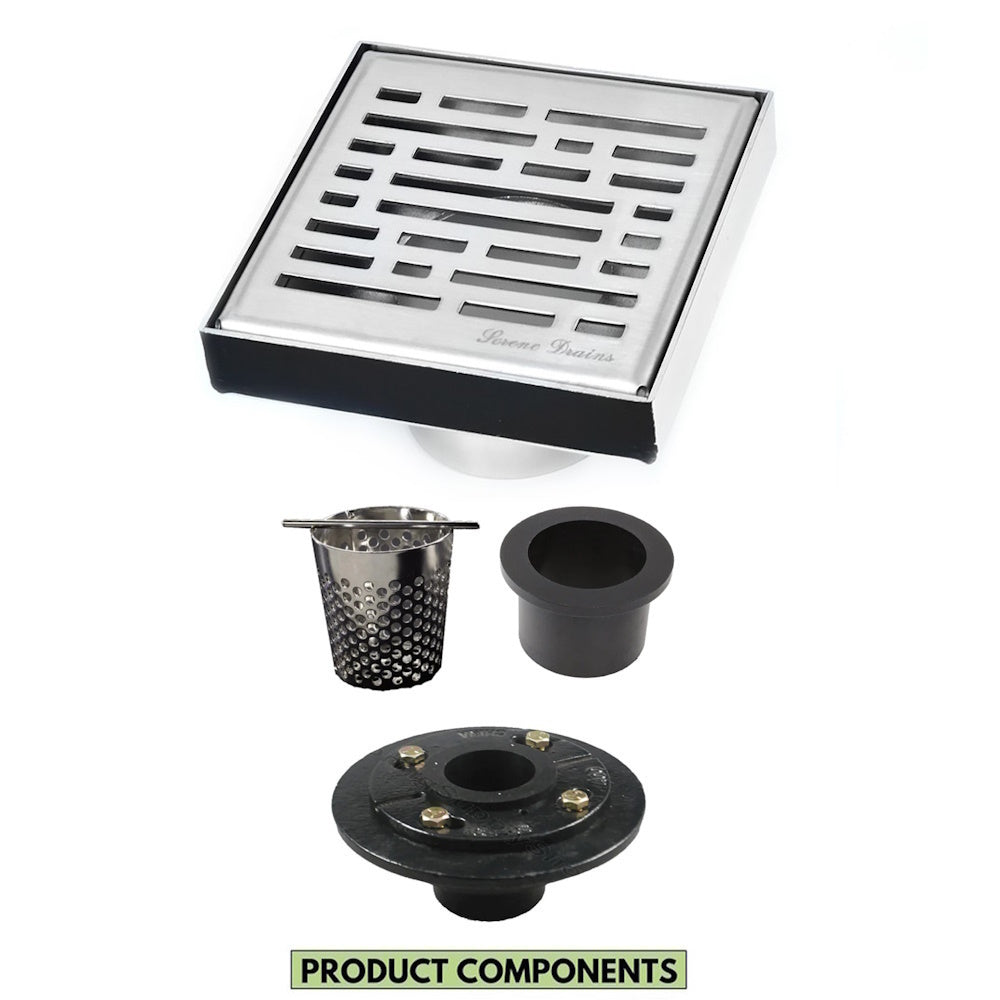 4 Inch Brushed Square Shower Drain Kit with Hair Trap and Base Flange – Broken Lane Design