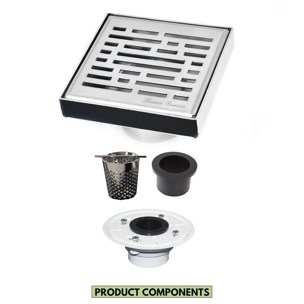 4 Inch Brushed Square Shower Drain Kit with Hair Trap and Base Flange – Broken Lane Design