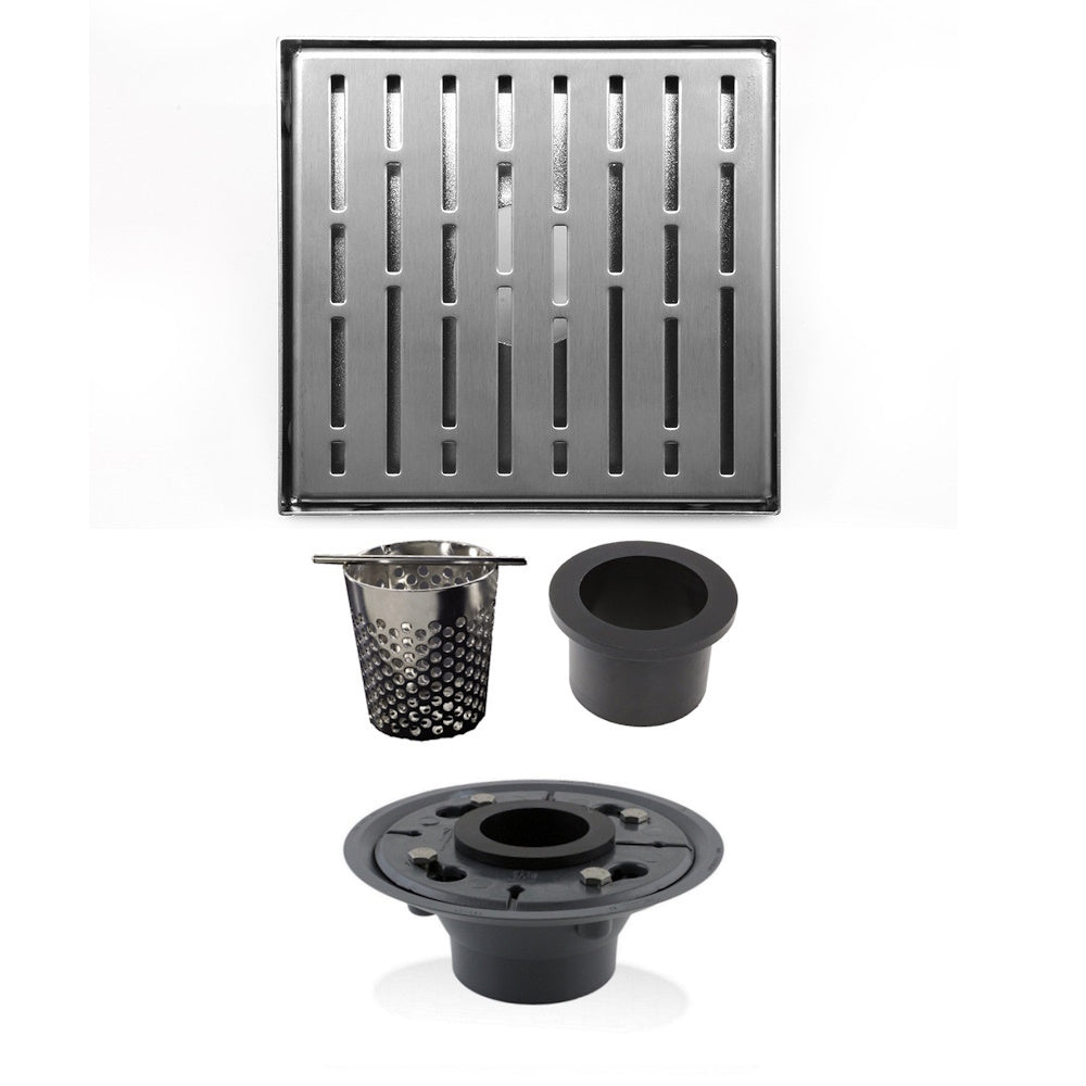 6 Inch Brushed Square Shower Drain with Hair Trap and Base Flange Kit – Broken Lane Design