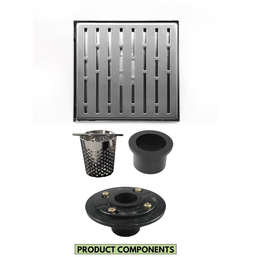 6 Inch Brushed Square Shower Drain with Hair Trap and Base Flange Kit – Broken Lane Design