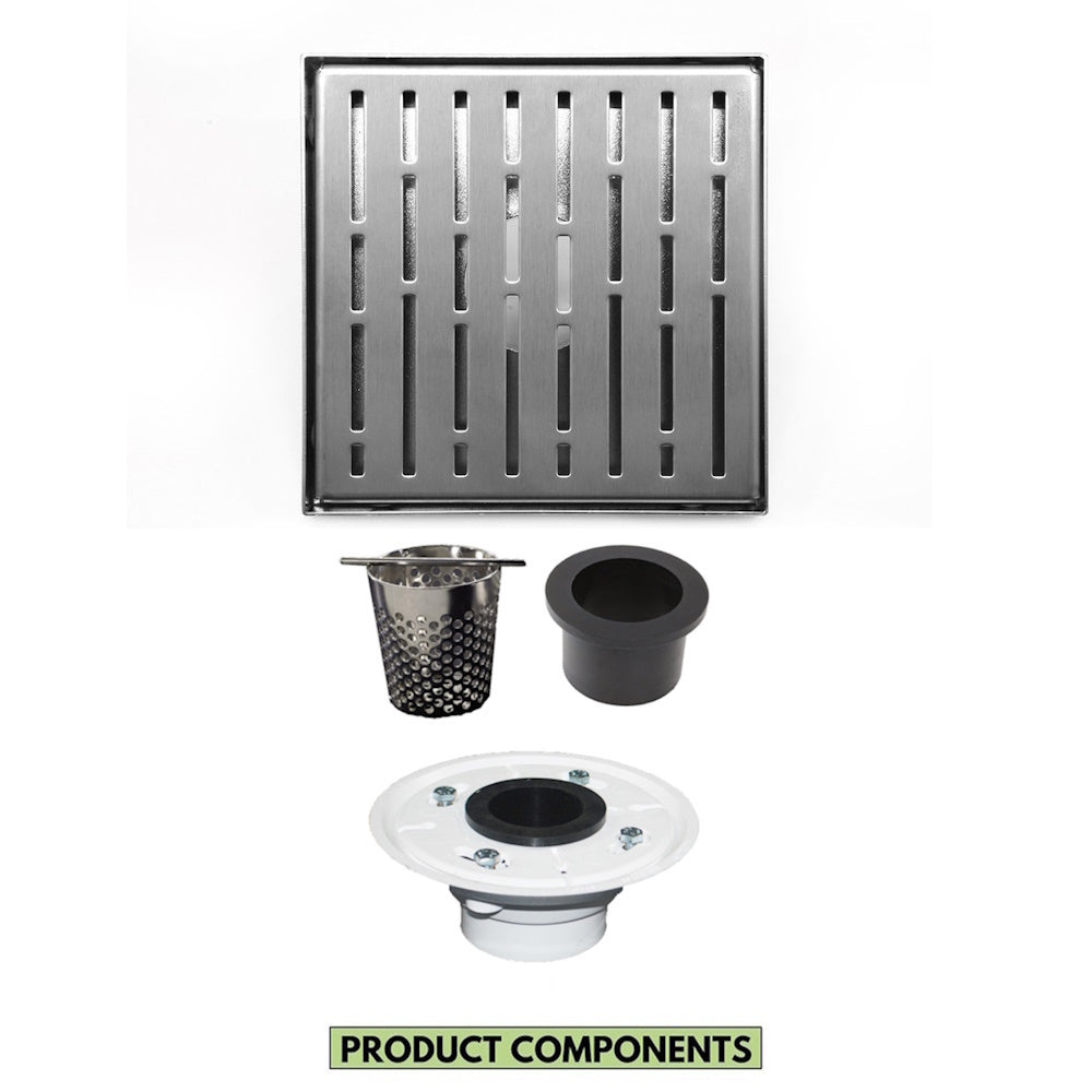 6 Inch Brushed Square Shower Drain with Hair Trap and Base Flange Kit – Broken Lane Design