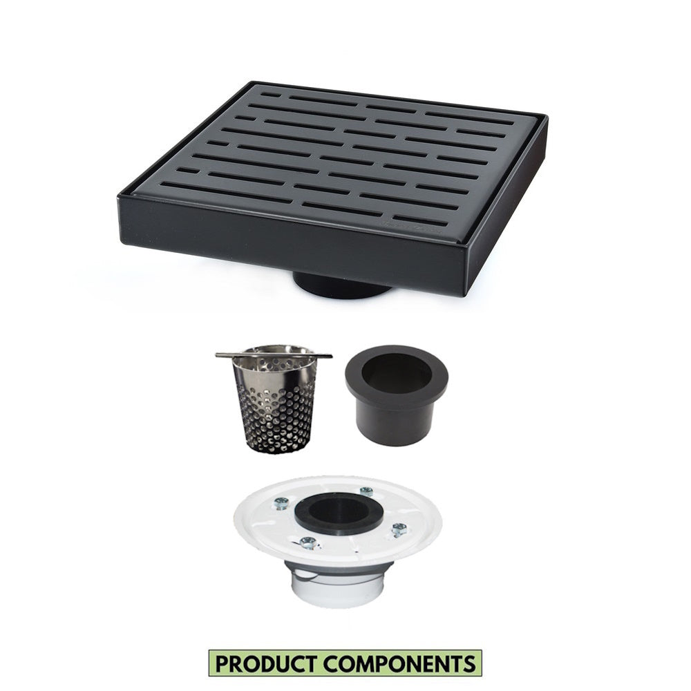 6 Inch Matte Black Square Shower Drain with Hair Trap and Base Flange Kit – Broken Lane Design