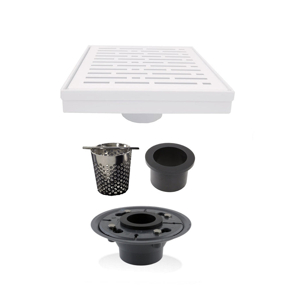 6 Inch Matte White Square Shower Drain with Hair Trap and Base Flange Kit – Broken Lane Design