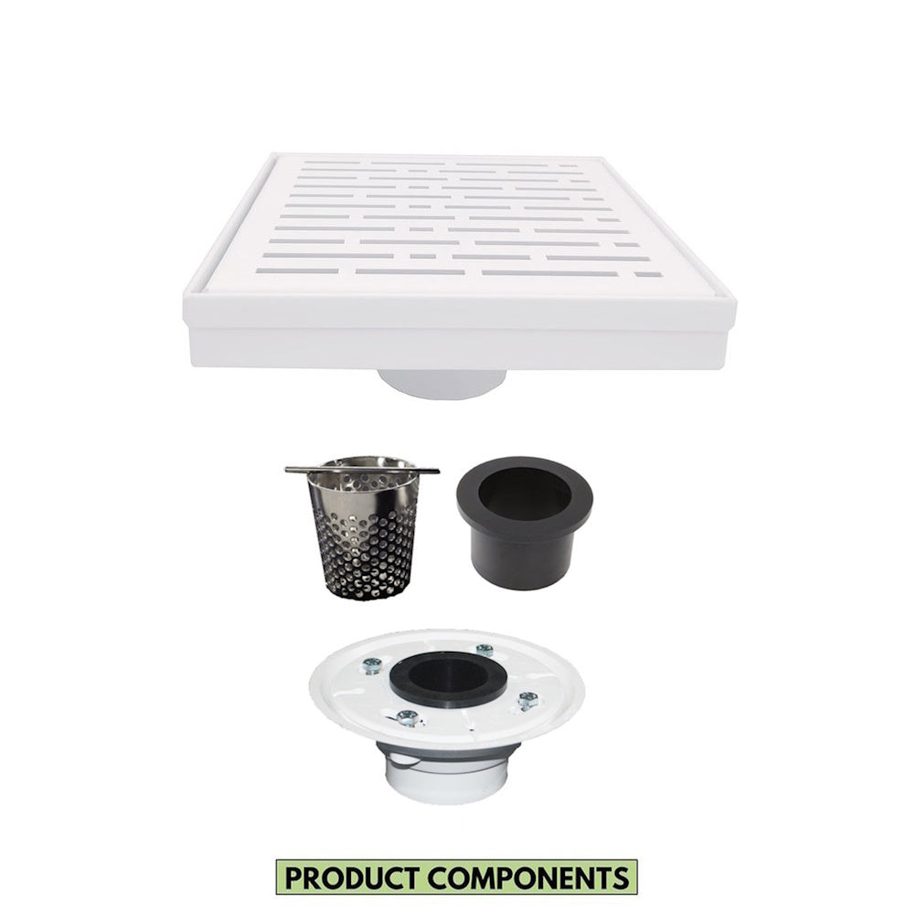 6 Inch Matte White Square Shower Drain with Hair Trap and Base Flange Kit – Broken Lane Design
