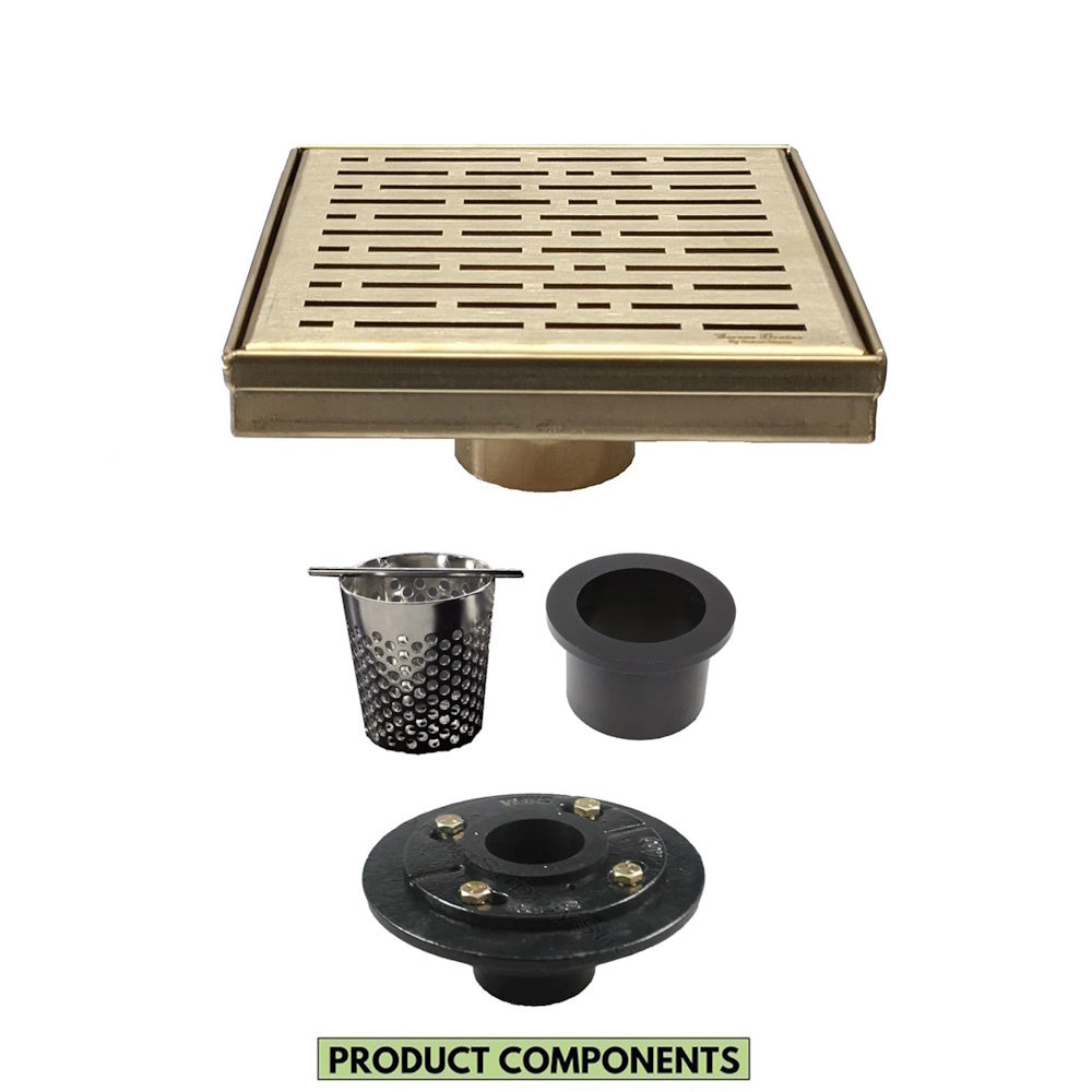 6 Inch Satin Gold Square Shower Drain with Hair Trap and Base Flange Kit – Broken Lane Design