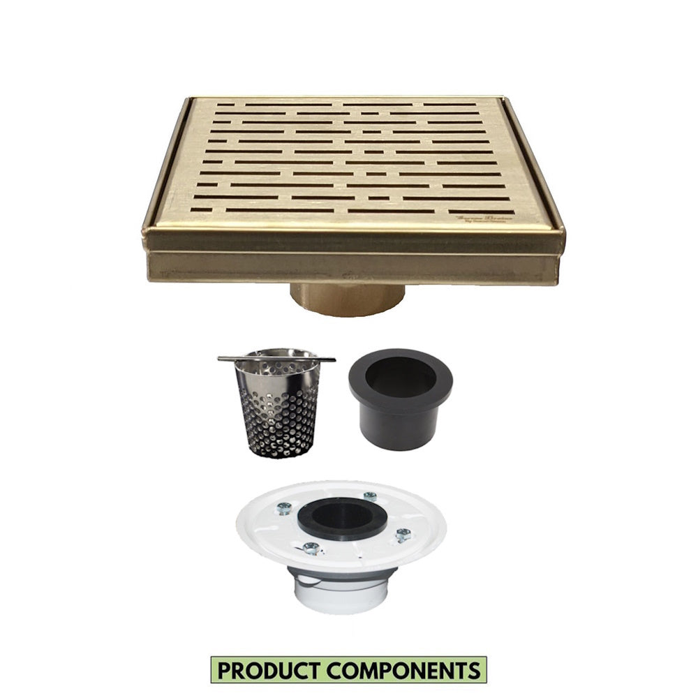 6 Inch Satin Gold Square Shower Drain with Hair Trap and Base Flange Kit – Broken Lane Design