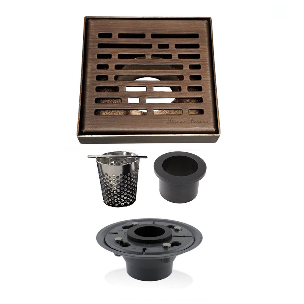 4 Inch Bronze Square Shower Drain Kit with Hair Trap and Base Flange – Broken Lane Design