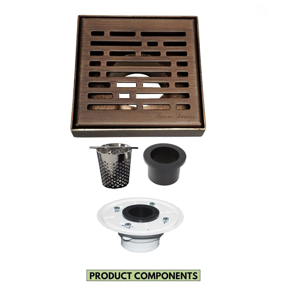 4 Inch Bronze Square Shower Drain Kit with Hair Trap and Base Flange – Broken Lane Design
