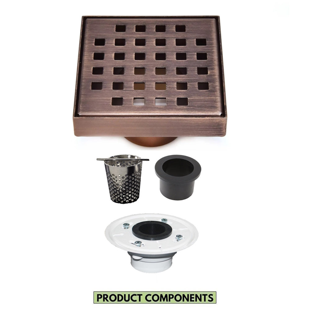 4 Inch Bronze Square Shower Drain Kit with Hair Trap and Base Flange – Traditional Square Design