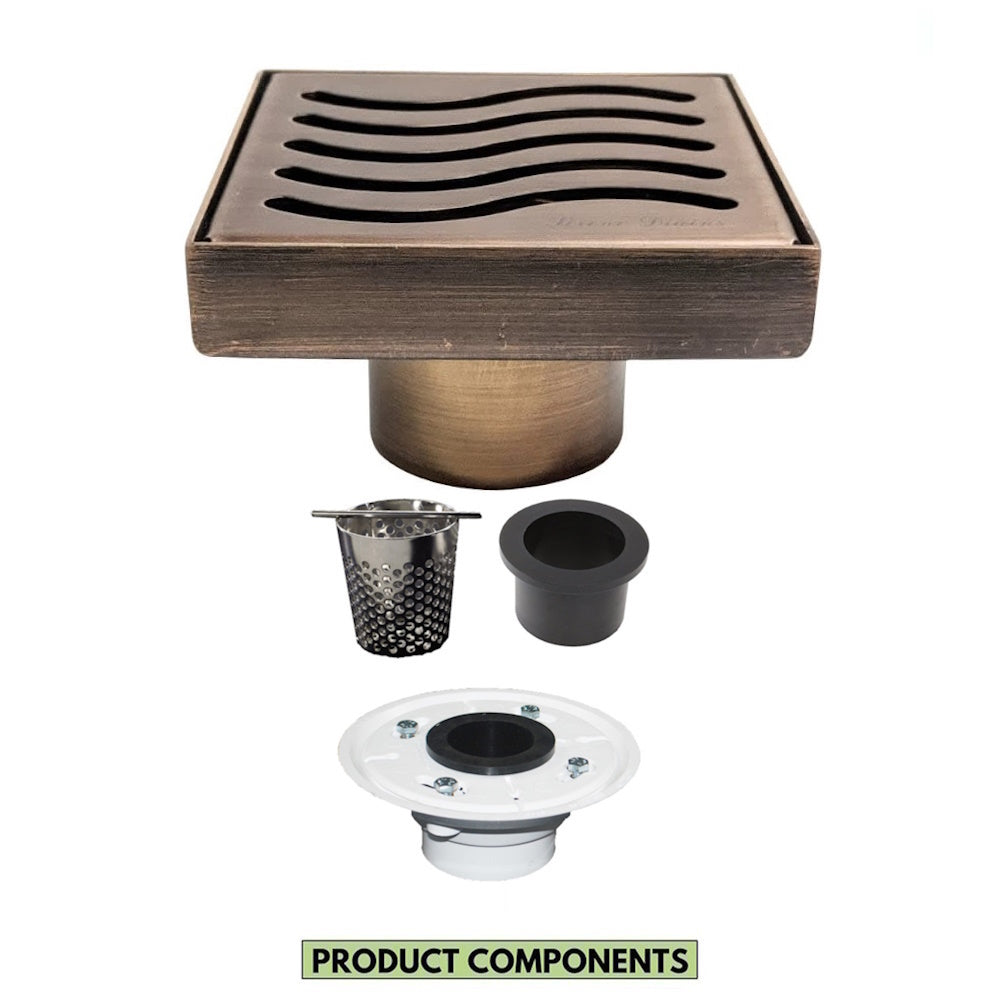 4 Inch Oil-Rubbed Bronze Square Shower Drain Kit with Hair Trap and Base Flange – Ocean Wave Design