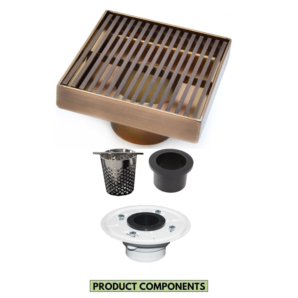 4 Inch Oil-Rubbed Bronze Square Shower Drain Kit with Hair Trap and Base Flange – Linear Wedge Design
