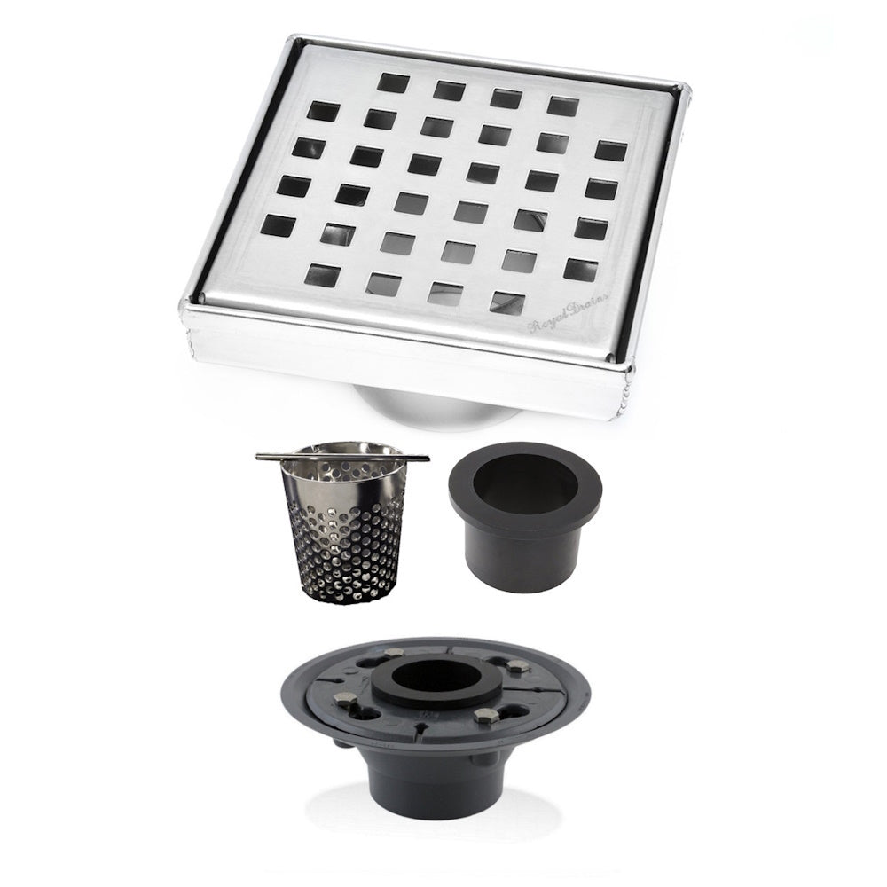 4 Inch Brushed Square Shower Drain Kit with Hair Trap and Base Flange – Traditional Square Design