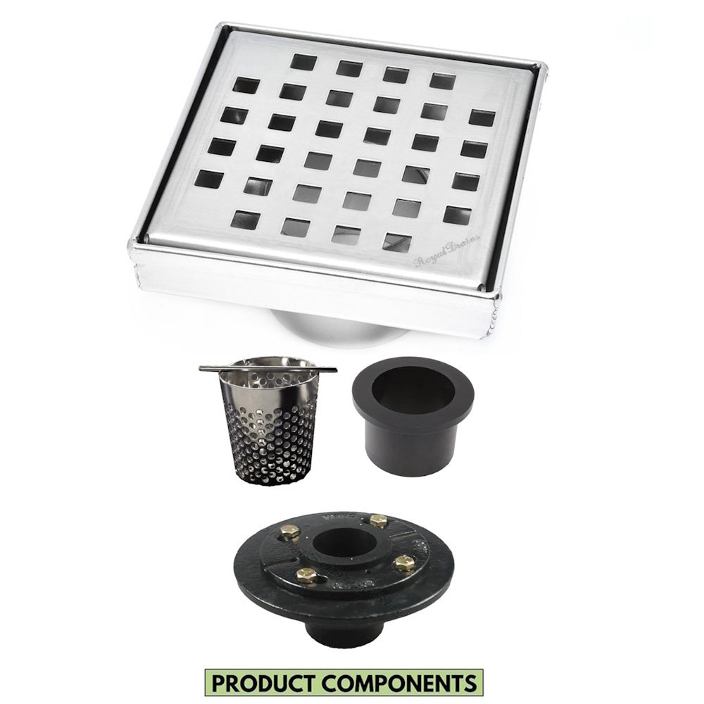 4 Inch Brushed Square Shower Drain Kit with Hair Trap and Base Flange – Traditional Square Design