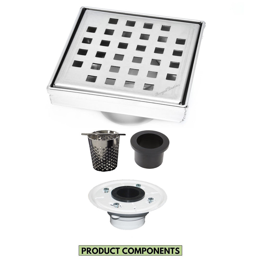 4 Inch Brushed Square Shower Drain Kit with Hair Trap and Base Flange – Traditional Square Design