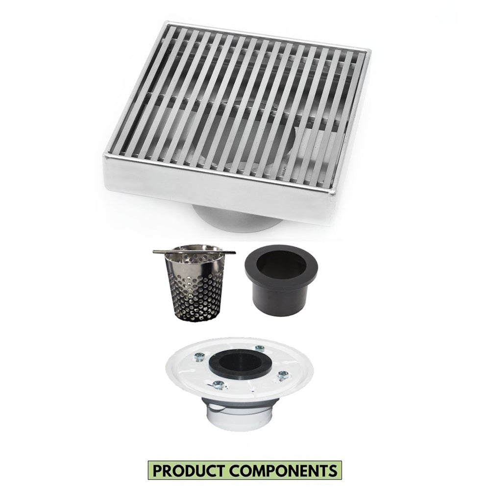 4 Inch Polished Chrome Square Shower Drain Kit with Hair Trap and Base Flange – Linear Wedge Design