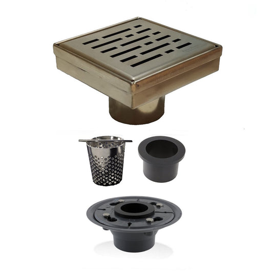 4 Inch Satin Gold Square Shower Drain Kit with Hair Trap and Base Flange – Broken Lane Design