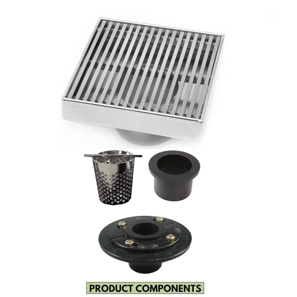 4 Inch Polished Chrome Square Shower Drain Kit with Hair Trap and Base Flange – Linear Wedge Design
