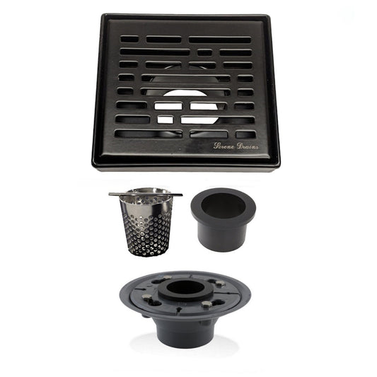 4 Inch Matte Black Square Shower Drain Kit with Hair Trap and Base Flange – Broken Lane Design