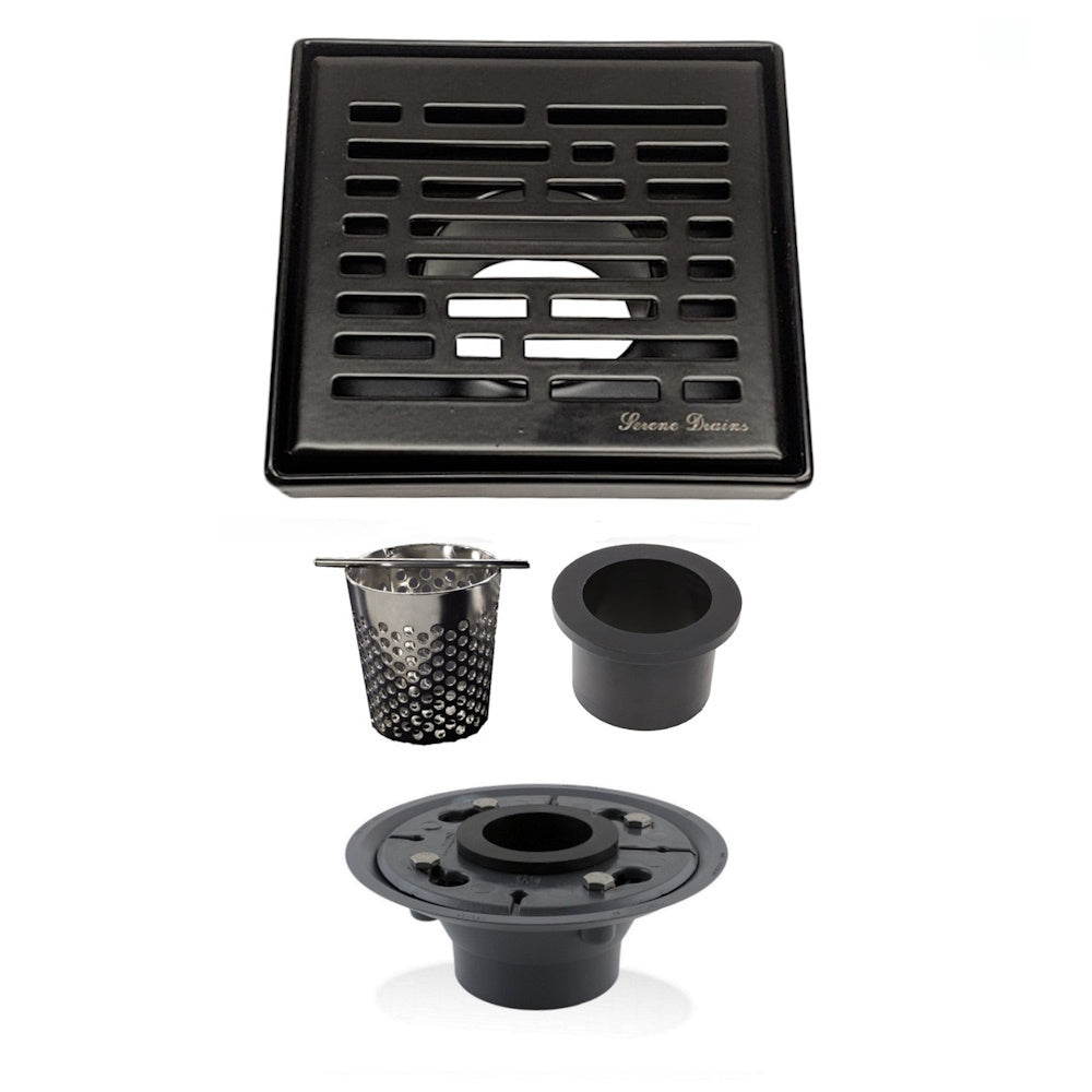 4 Inch Matte Black Square Shower Drain Kit with Hair Trap and Base Flange – Broken Lane Design