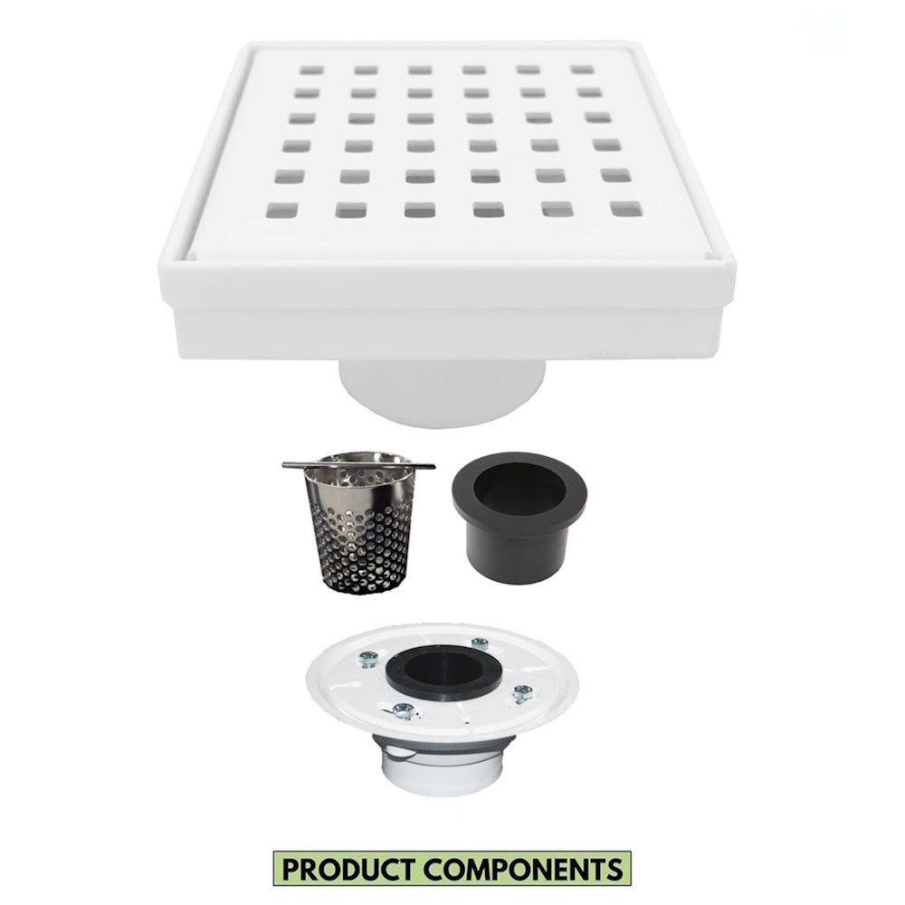 4 Inch Matte White Square Shower Drain Kit with Hair Trap and Base Flange – Traditional Square Design