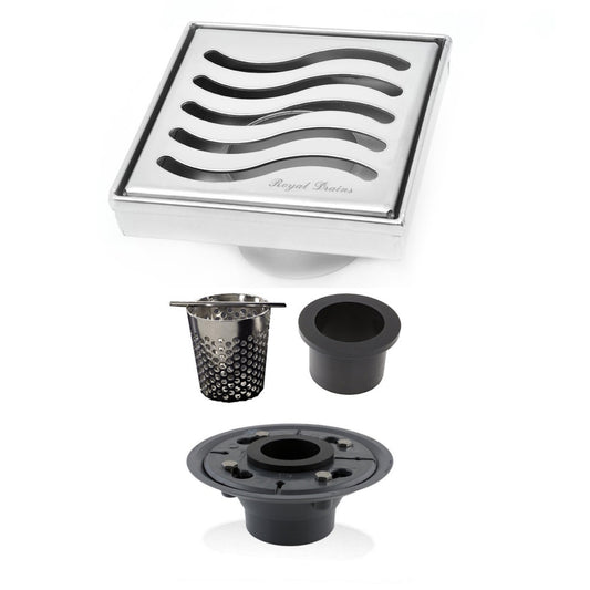 4 Inch Brushed Square Shower Drain Kit with Hair Trap and Base Flange – Ocean Wave Design