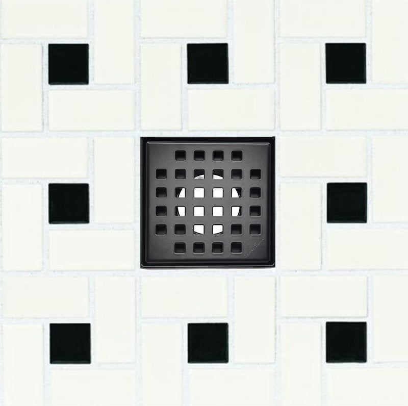 4 Inch Matte Black Square Shower Drain Kit with Hair Trap and Base Flange – Traditional Square Design