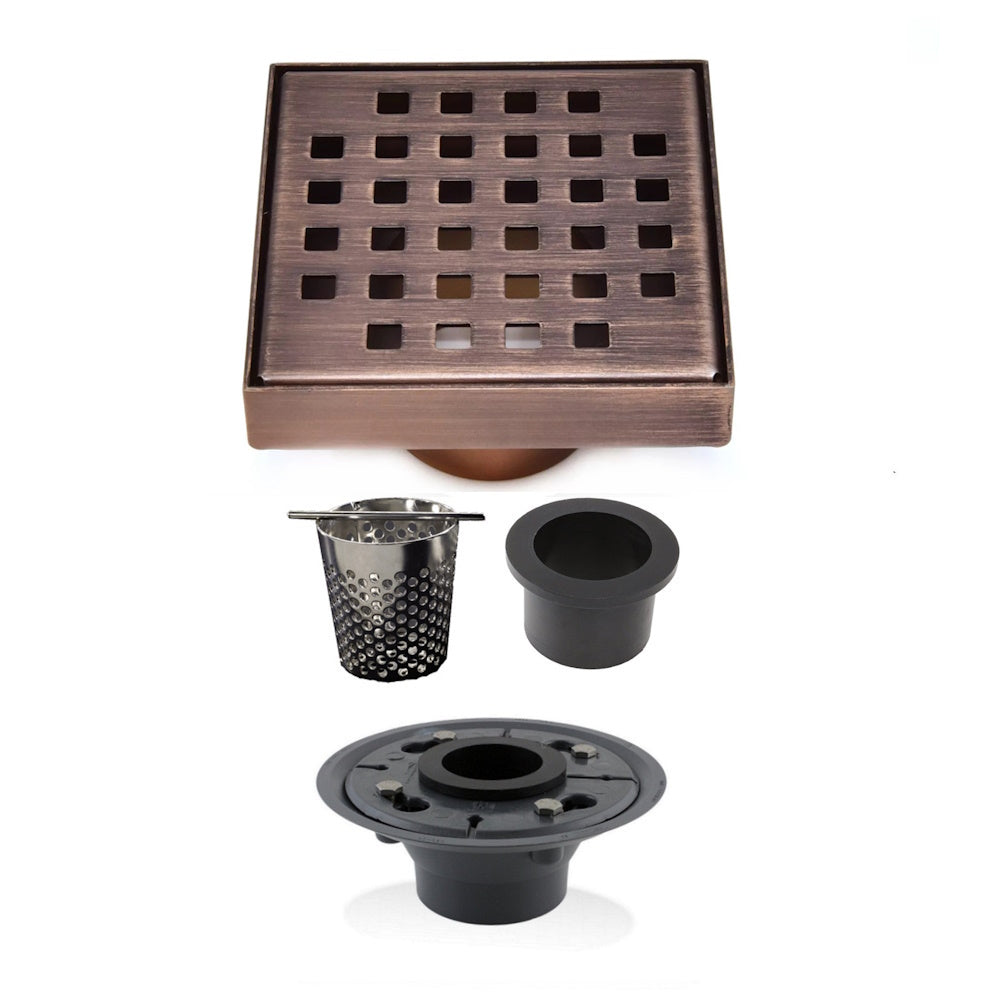 4 Inch Bronze Square Shower Drain Kit with Hair Trap and Base Flange – Traditional Square Design