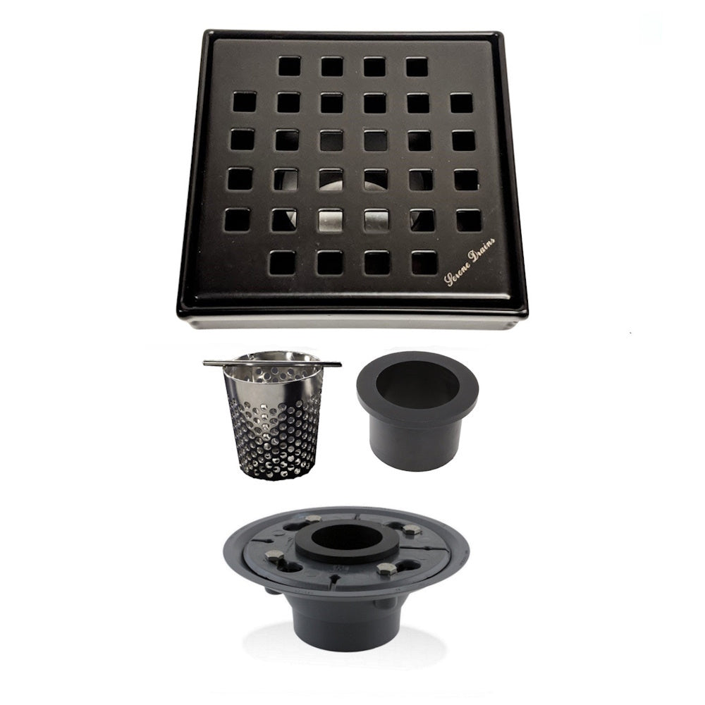 4 Inch Matte Black Square Shower Drain Kit with Hair Trap and Base Flange – Traditional Square Design