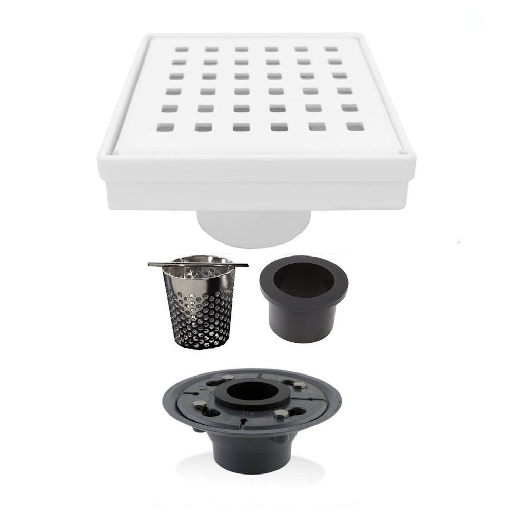 4 Inch Matte White Square Shower Drain Kit with Hair Trap and Base Flange – Traditional Square Design