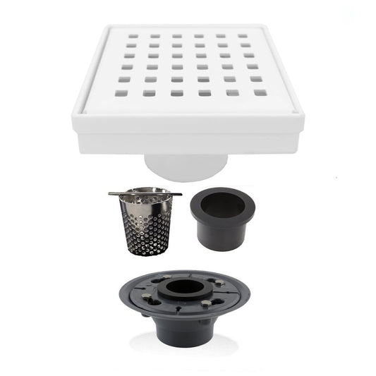 4 Inch Matte White Square Shower Drain Kit with Hair Trap and Base Flange – Traditional Square Design