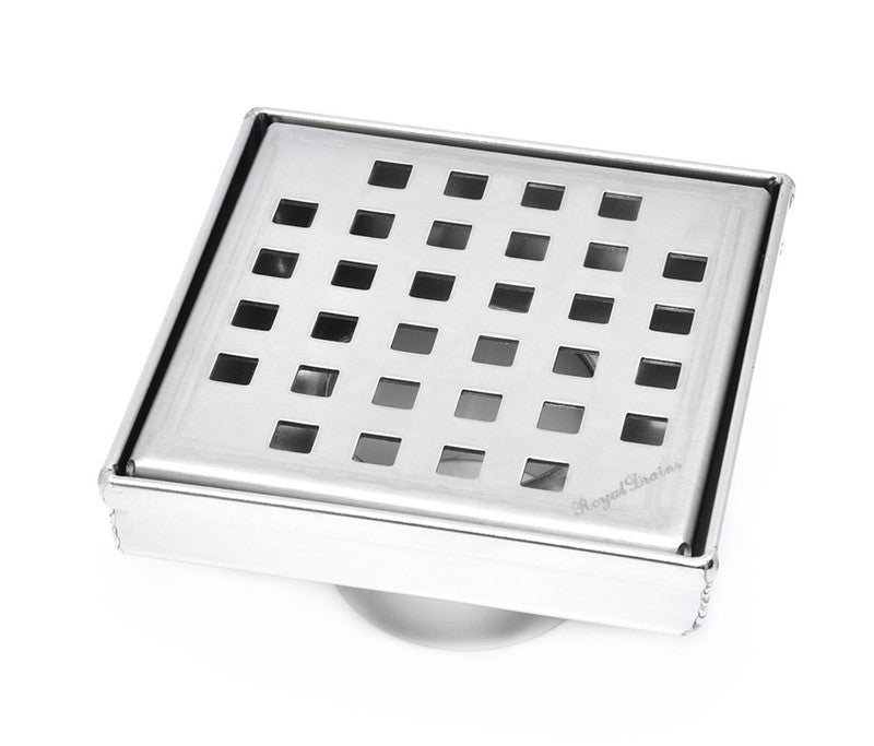 4 Inch Brushed Square Shower Drain Kit with Hair Trap and Base Flange – Traditional Square Design