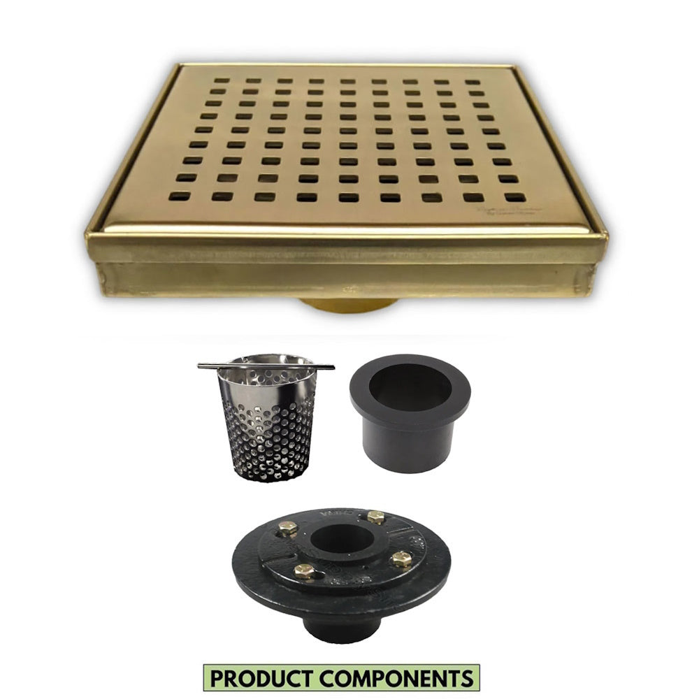 6 Inch Gold Square Shower Drain with Hair Trap and Base Flange Kit – Traditional Square Design