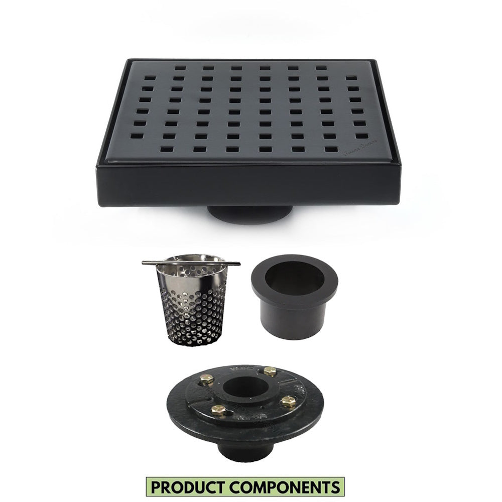 6 Inch Matte Black Square Shower Drain with Hair Trap and Base Flange Kit – Traditional Square Design