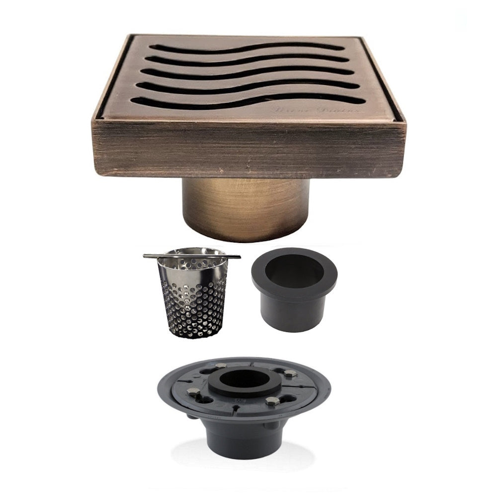 4 Inch Oil-Rubbed Bronze Square Shower Drain Kit with Hair Trap and Base Flange – Ocean Wave Design