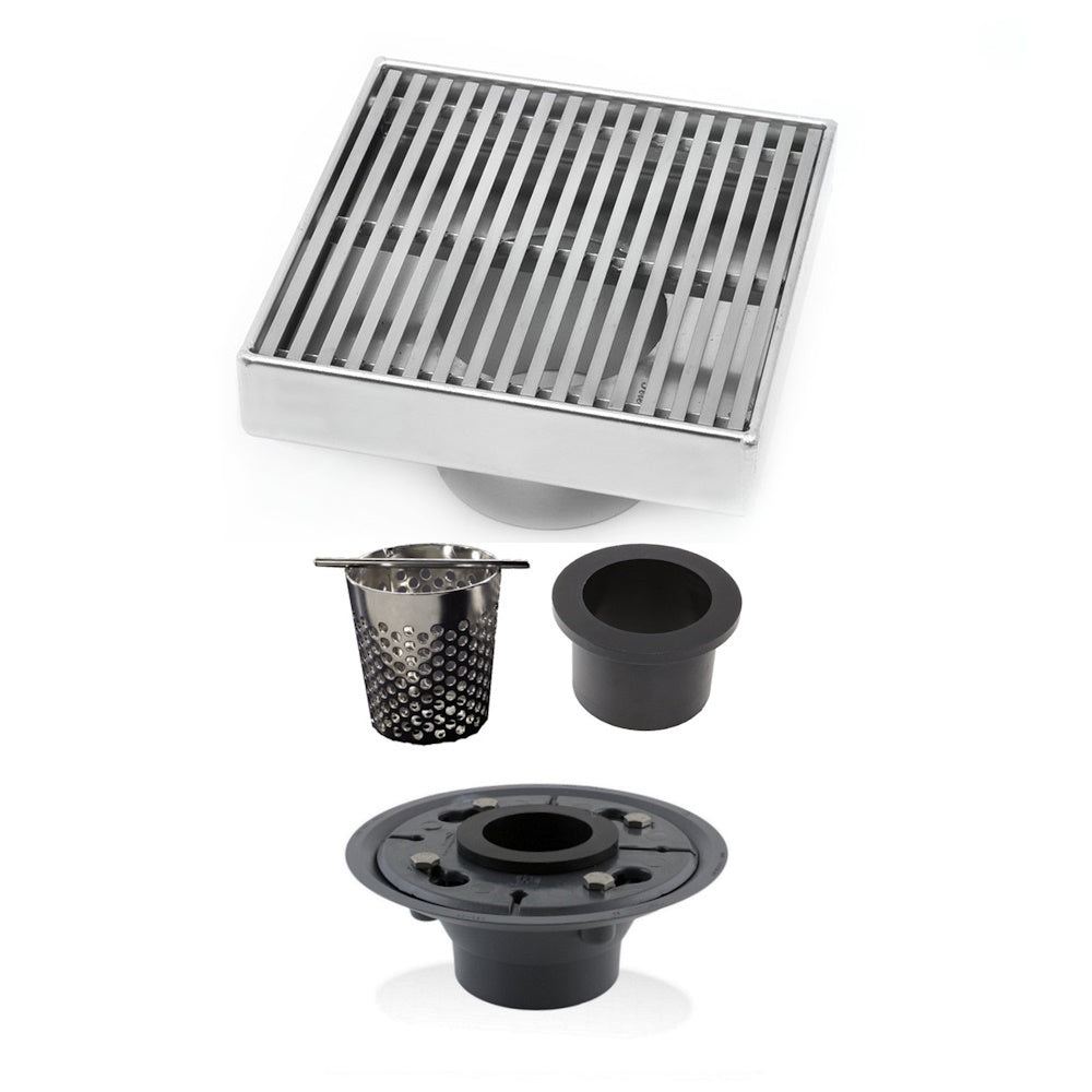 4 Inch Polished Chrome Square Shower Drain Kit with Hair Trap and Base Flange – Linear Wedge Design