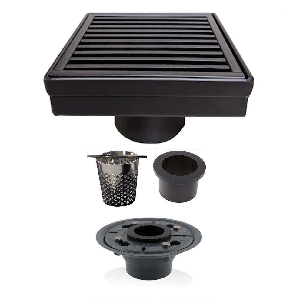 4 Inch Matte Black Square Shower Drain Kit with Hair Trap and Base Flange – Linear Wedge Design