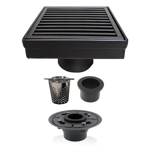 4 Inch Matte Black Square Shower Drain Kit with Hair Trap and Base Flange – Linear Wedge Design