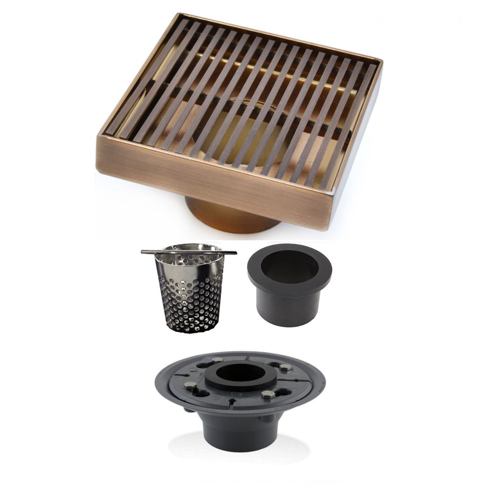 4 Inch Oil-Rubbed Bronze Square Shower Drain Kit with Hair Trap and Base Flange – Linear Wedge Design