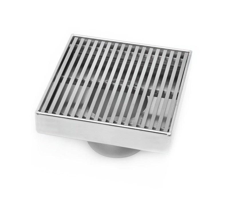 4 Inch Polished Chrome Square Shower Drain Kit with Hair Trap and Base Flange – Linear Wedge Design