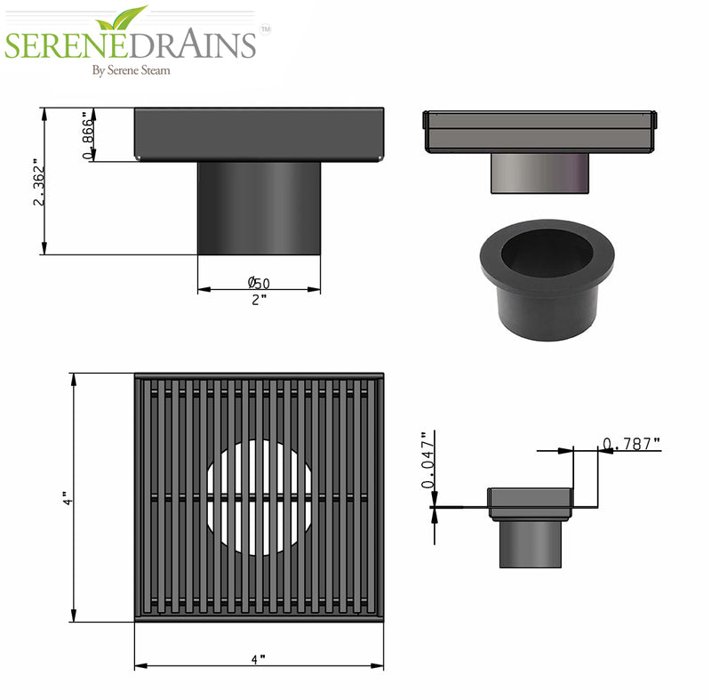 4 Inch Polished Chrome Square Shower Drain Kit with Hair Trap and Base Flange – Linear Wedge Design