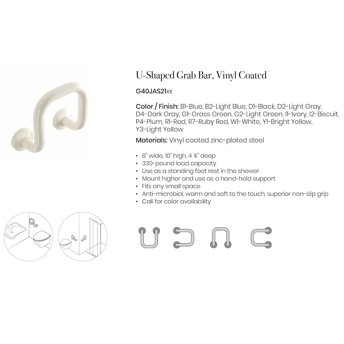 U-Shaped Grab Bar Foot Rest, Antimicrobial Vinyl Coated in White
