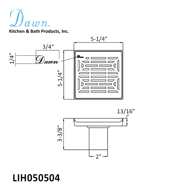 Dawn 5 Inch Square Shower Drain Irtysh River Series LIH050504 (push-in) Polished Satin Finish