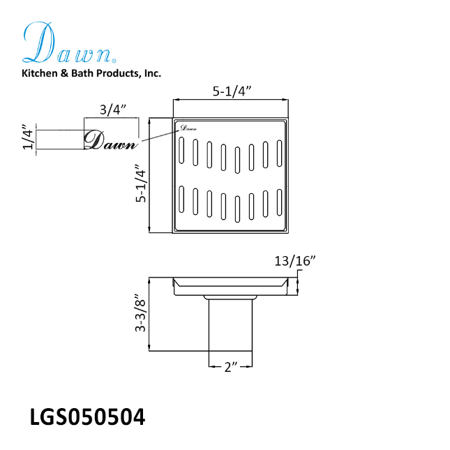 Dawn 5 Inch Square Shower Drain Ganges River Series LGS050504 (push-in) Polished Satin Finish.