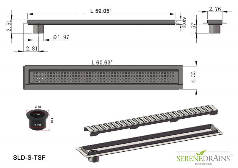 SereneDrains 60 Inch Offset Outlet Linear Shower Drain for Off-Center Plumbing