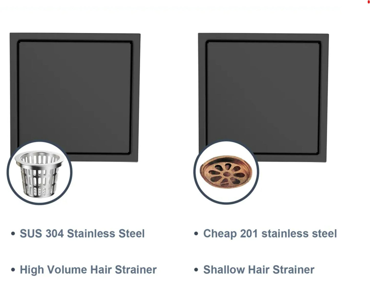 Black Stainless Steel 4 Inch and 6 Inch Shower Drains, Solid Flat Cover
