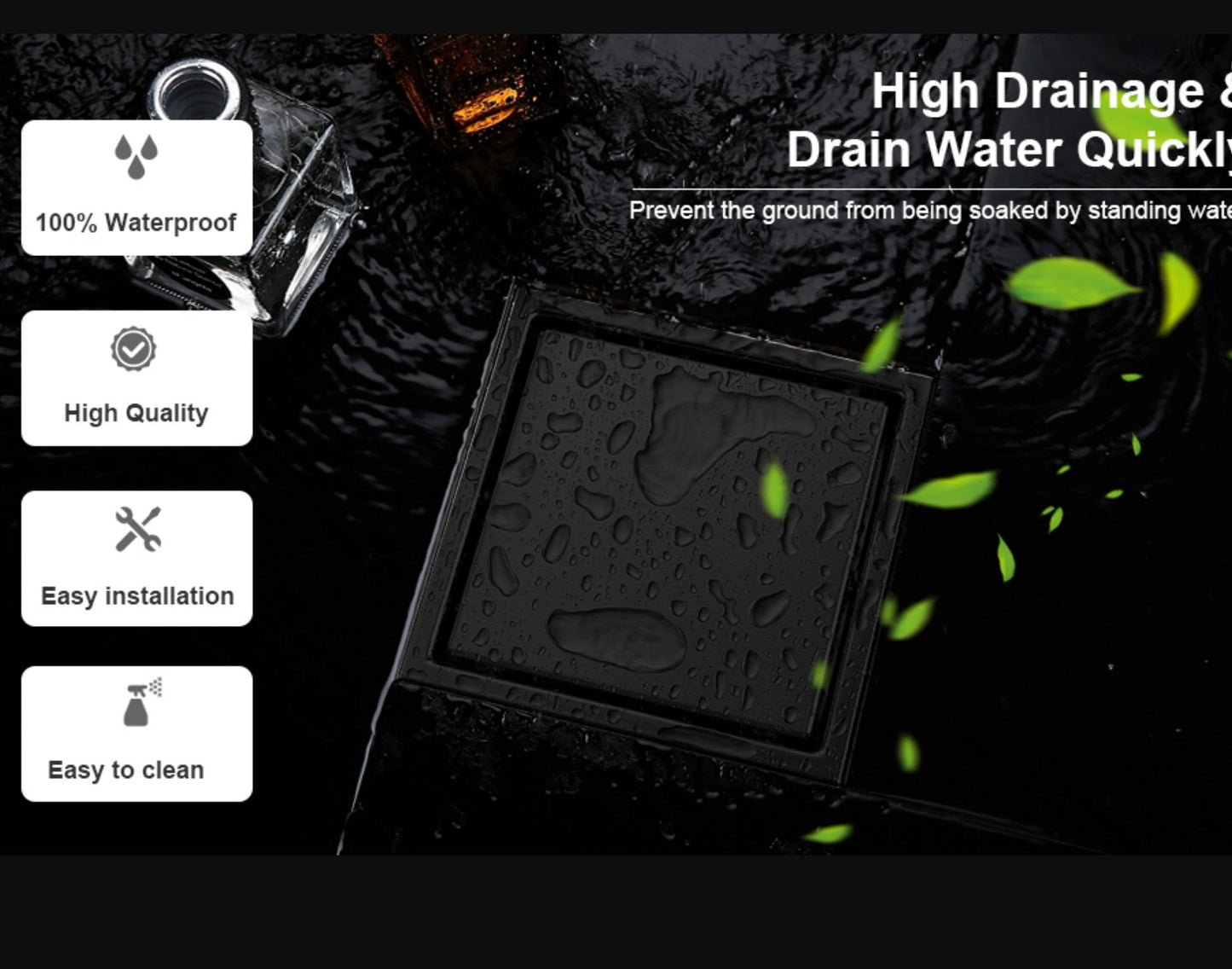 Black Stainless Steel 4 Inch and 6 Inch Shower Drains, Solid Flat Cover